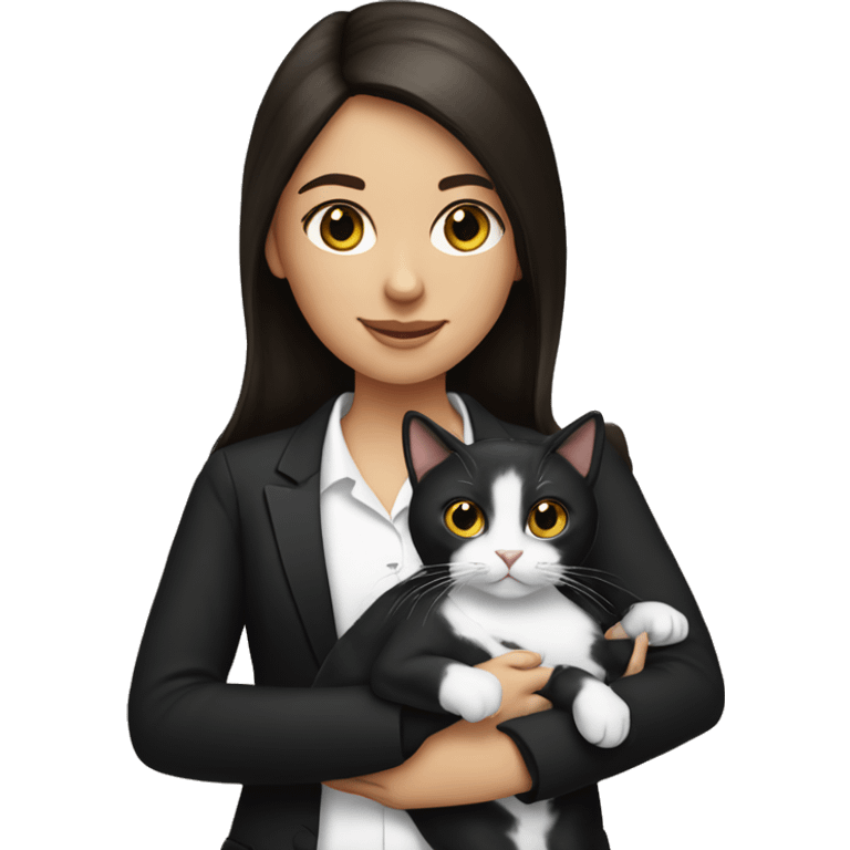 brunette girl holding tuxedo cat emoji