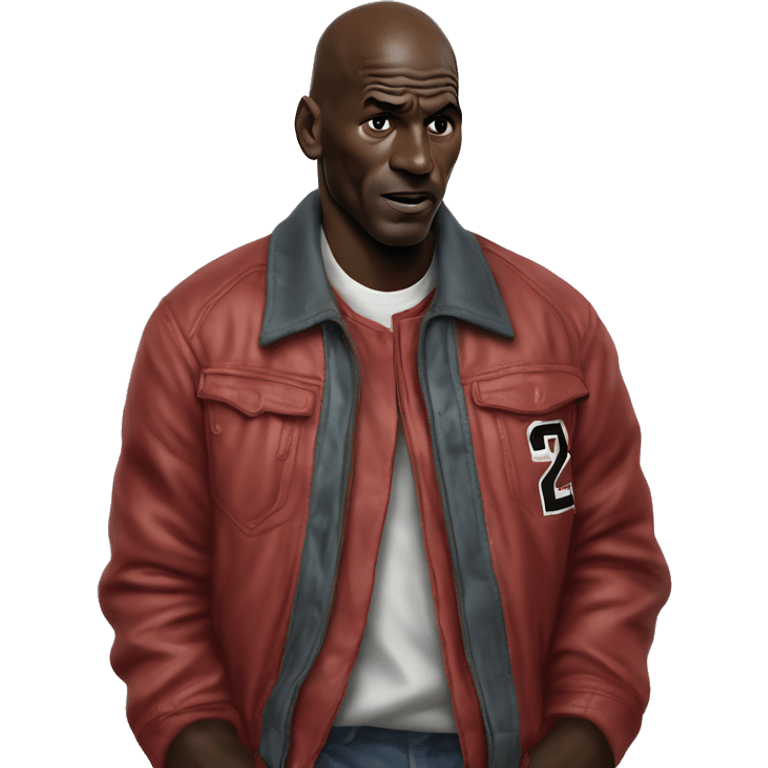 Michael Jordan in a jacket holds his head and is sad photorealistic serious emoji