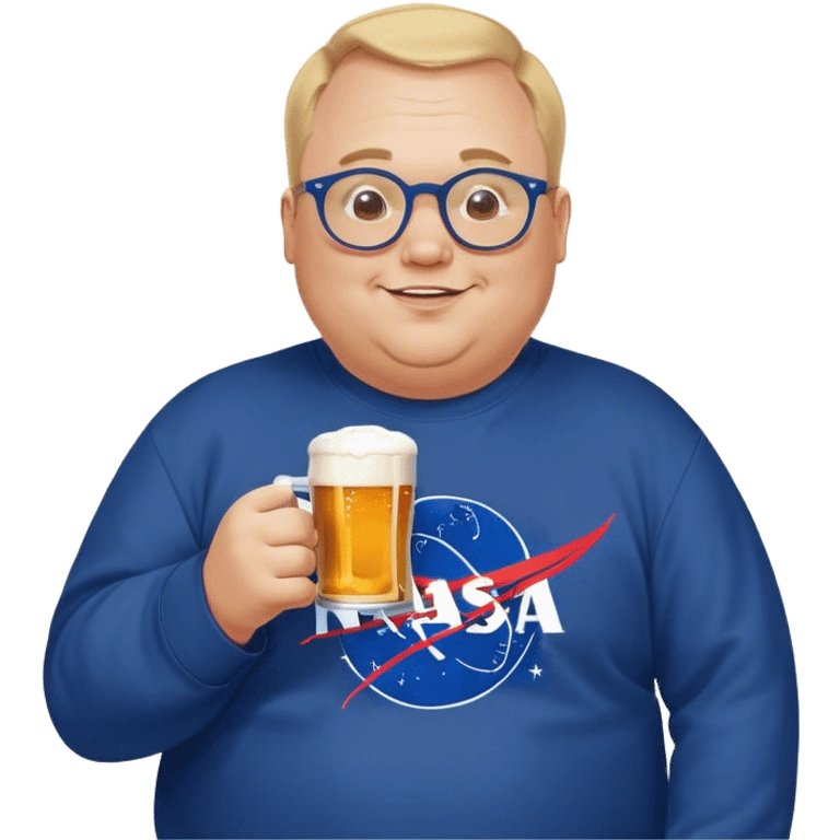 happy fat man, drinks a beer,  blond short and hight receding hairline, wearing a dark blue sweatshirt, nasa logo on the sweatshirt, round glasses without frame, 40 years old emoji