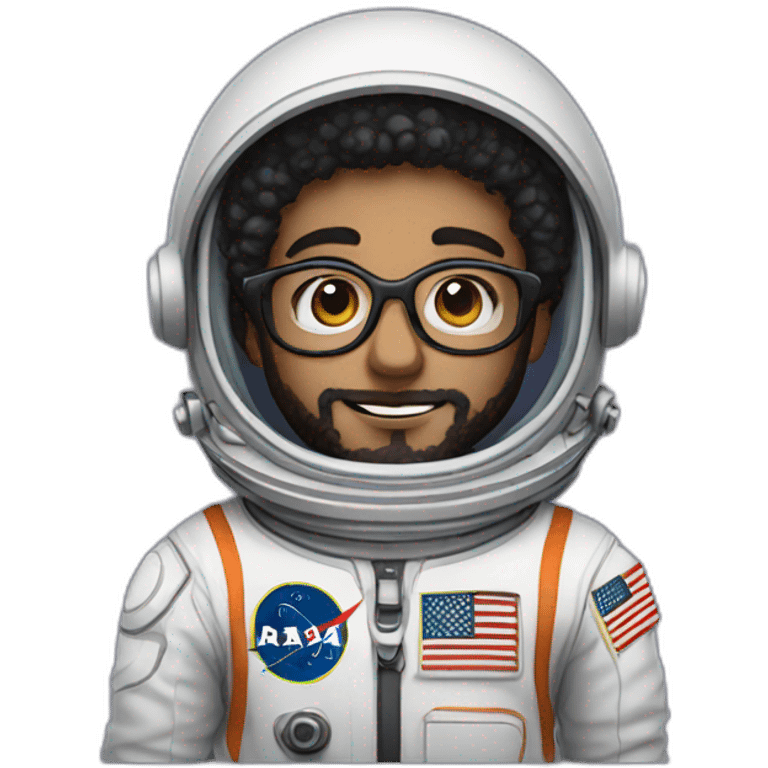 Boy with black short curly hair and beard wearing glasses astronaut emoji