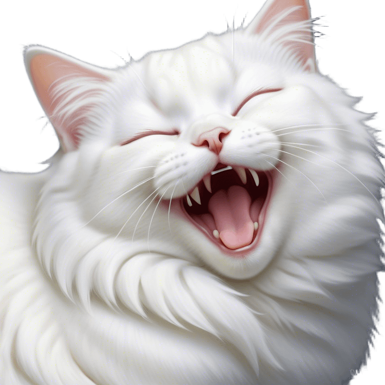 Cinematic Cute Yawning White Cat Portrait Emoji, Head gently tilted with an endearing, wide-open yawn and softly closed eyes, showcasing a pristine white fur with delicate hints of silver, simplified yet irresistibly adorable, highly detailed, glowing with a tender, cozy radiance, high shine, exuding sleepy charm and gentle affection, styled with a soft glowing outline, capturing the essence of a white cat caught mid-yawn, radiating pure, adorable lethargy! emoji