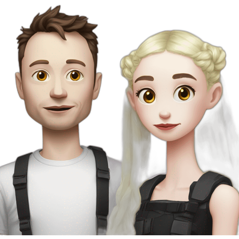 Grimes with milk on face, elon musk smirking, duo emoji