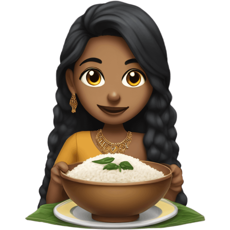 Indian girl with brown skin big nose and nose piercing, spinach on teeth, with black long fuzzy hair wearing indian dress eating curry and rice.  emoji