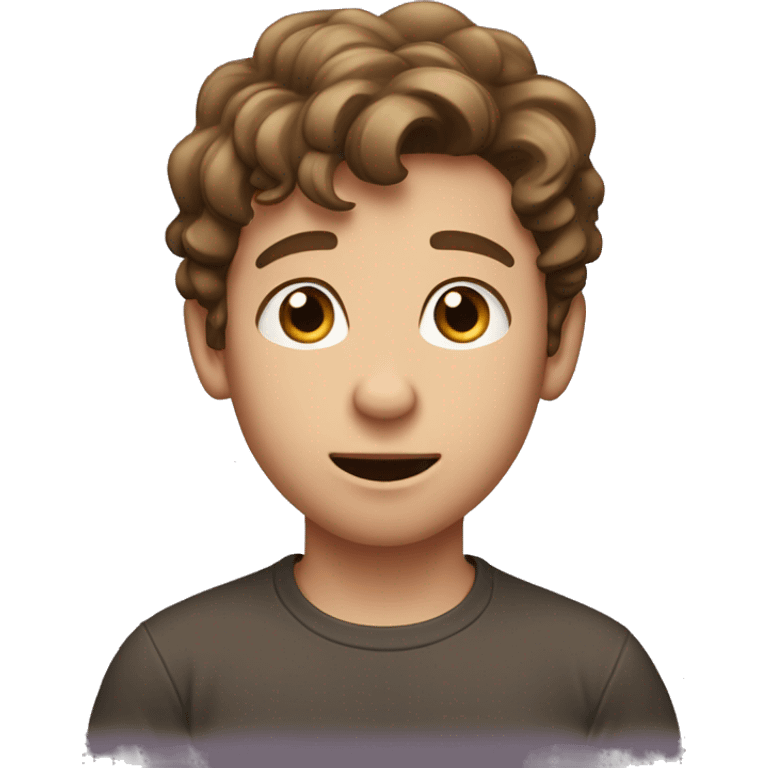 a boy with pronounced skin and short, wavy, brown hair with eyes like money and his hands on his ears, showing surprise emoji