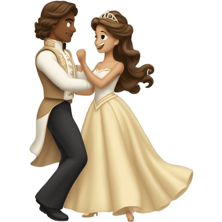 a princess with long brown hair and tan skin  dancing with a prince emoji