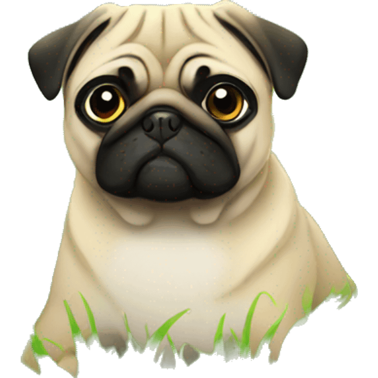 a pug lied in the grass with flowers in front of him emoji