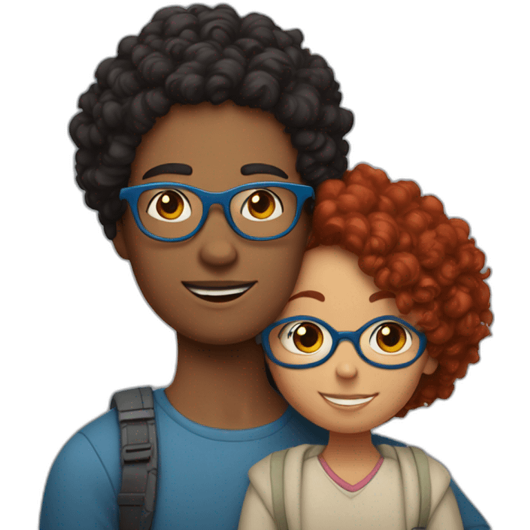 a girl with red curly hair and blue glasses hugging her black-haired son emoji