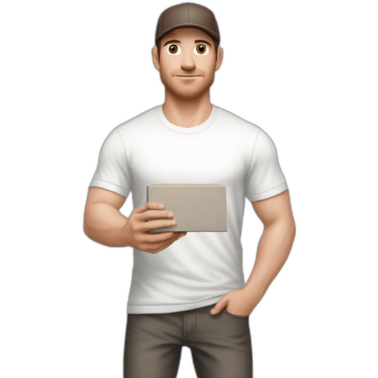 Pale skinned fit Man with dark brown hair in a light gray cap, dark brown jeans, brown polo and white T-shirt keeping a pasted with tape white box into his hands emoji