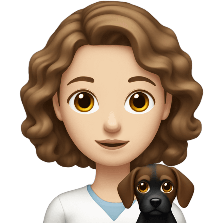 white girl with wavy brown hair holding black dog emoji