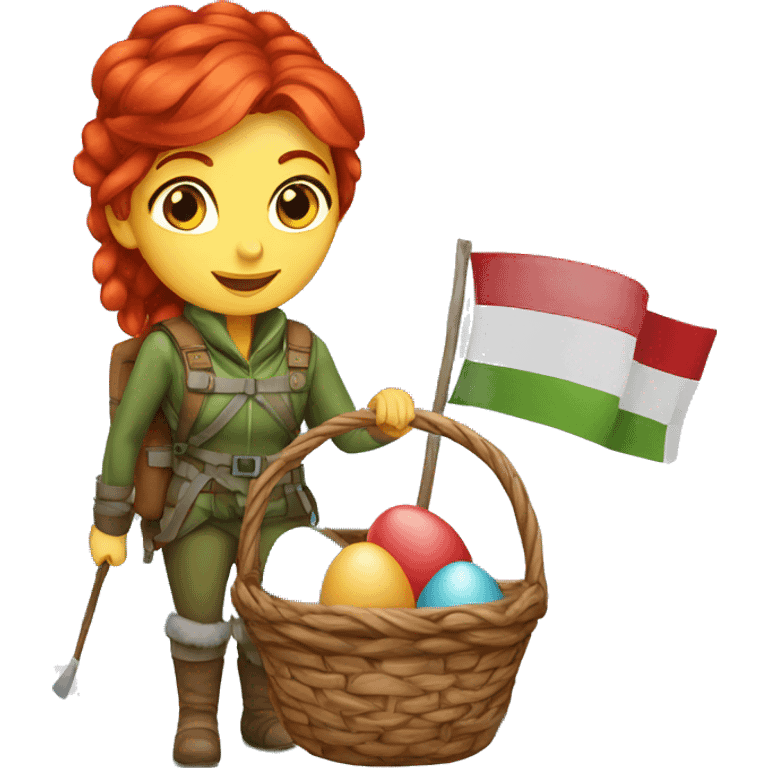 female winter mountaineer red hair with red easter egg basket and greek flag emoji