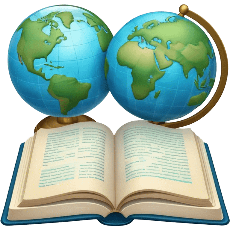 Create an emoji representing language translation. The design should feature just one globe in the background, symbolizing international communication. In front of the globe, place two opened books with texts on them and a pen nearby to indicate the act of writing. Use a clean and professional color palette with blues, greens, and neutral tones. Make the background transparent. emoji