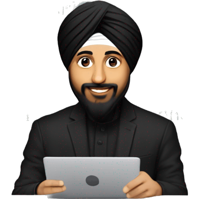 sikh man like diljit dosanj doing coding wearing black huddy and black turban doing coding on laptop emoji