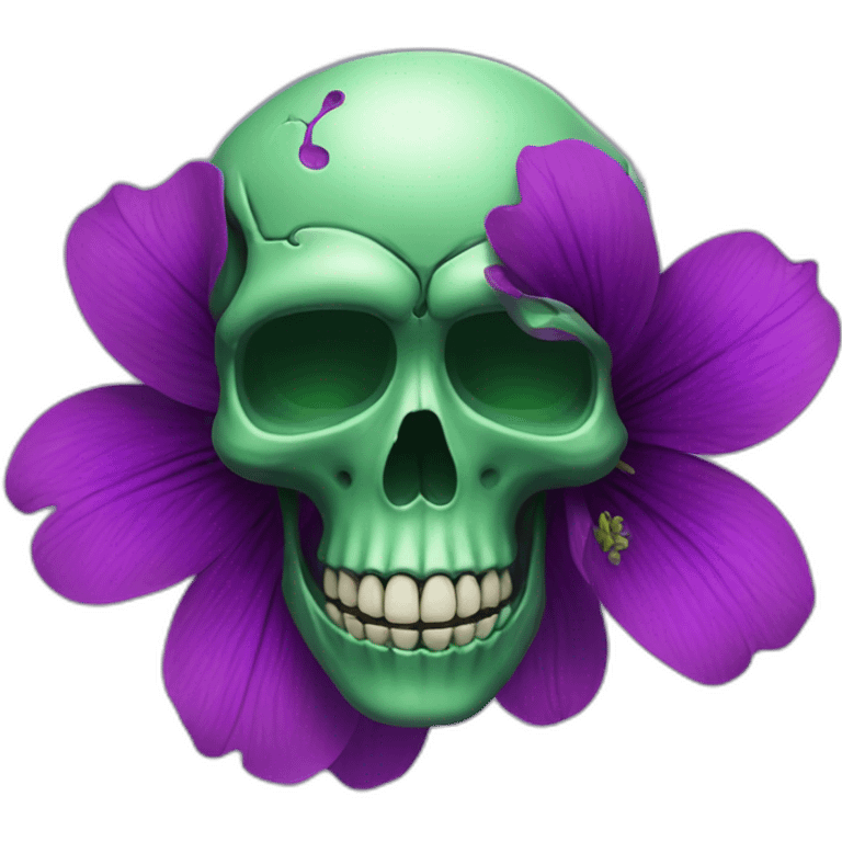 Green skull with purple flower coming out from eye socket emoji