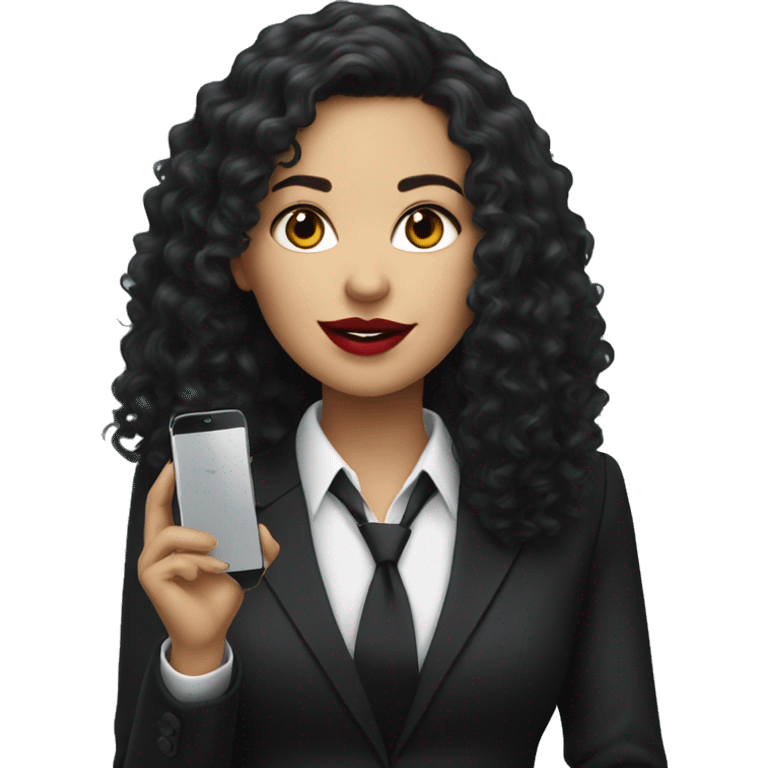 corporate white woman, red lipstick, long black curly hair, with a phone, black shirt, black blazer  emoji