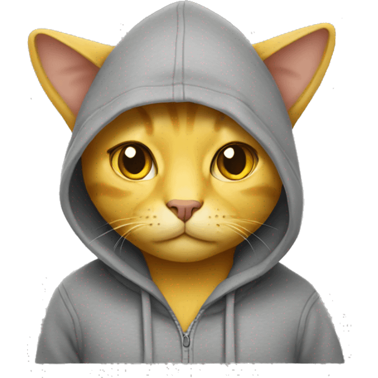 A yellow cat wearing a gray hoodie emoji