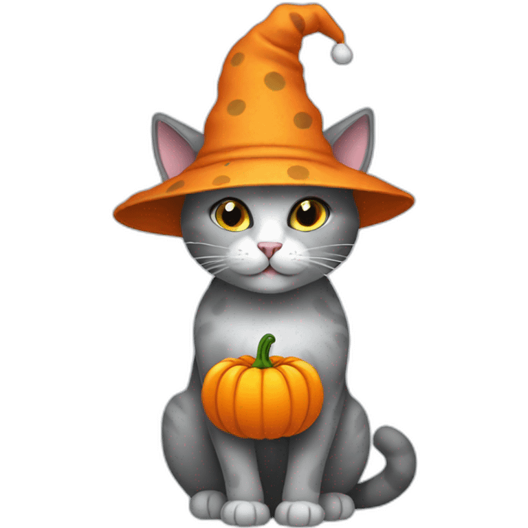 Grey cat with white spots wearing a pumpkin hat emoji