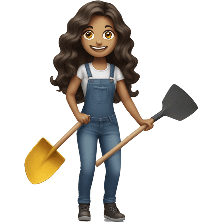  Beautiful woman long wavy hair dark brunette holding shovel an smiling sneakily   emoji