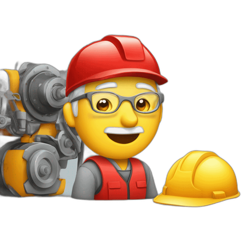 Industrial professional senior mechanical assembler working on the assembly of heavy machinery with a red outfit emoji