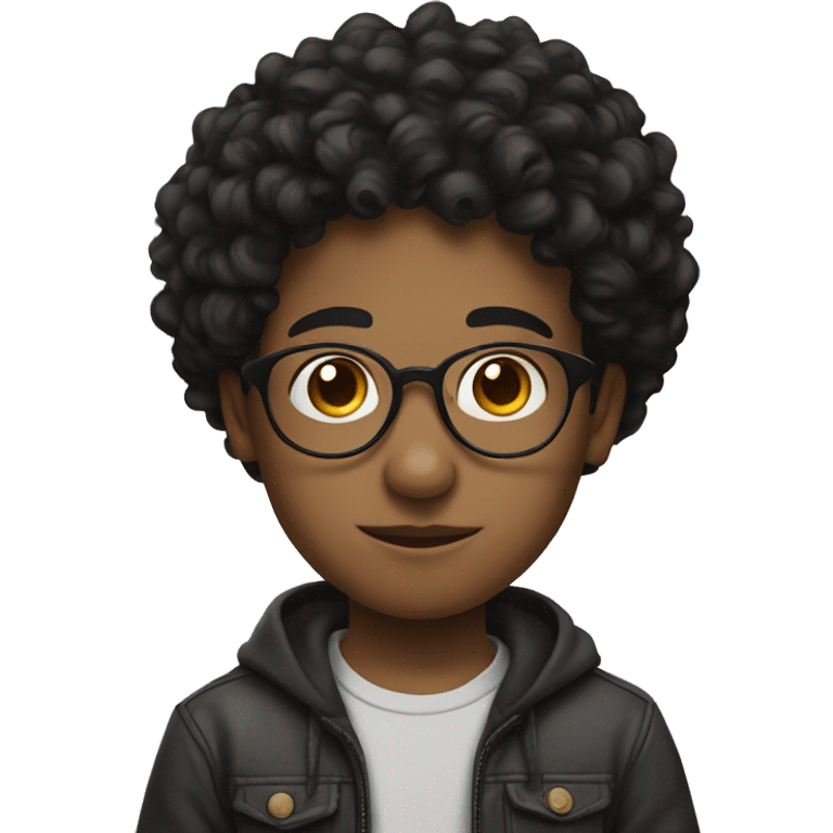 a boy , rounded glasses , short curly black hair , tin nose and mouse and large face emoji