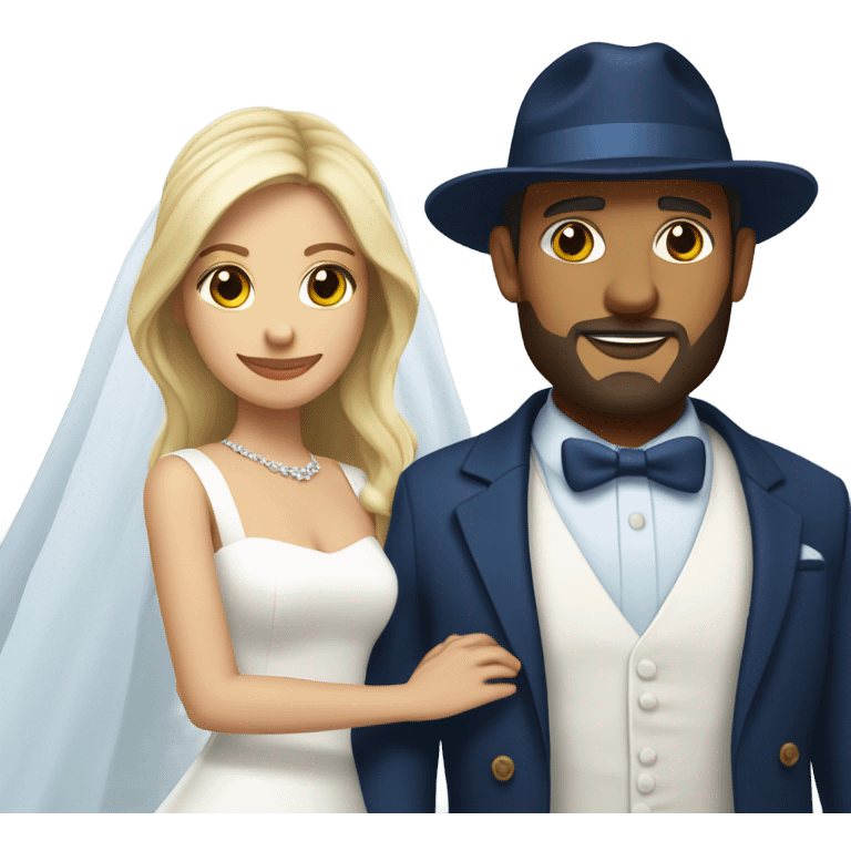 Puerto rican beard short hair with blue hat and navy blue suit getting Married with blond long hair girl with white  wedding dress  emoji