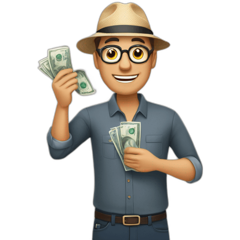 HOMBRE DE LENTES DE TEZ MORENA SOSTENIENDO BILLETES EN SU MANO emoji