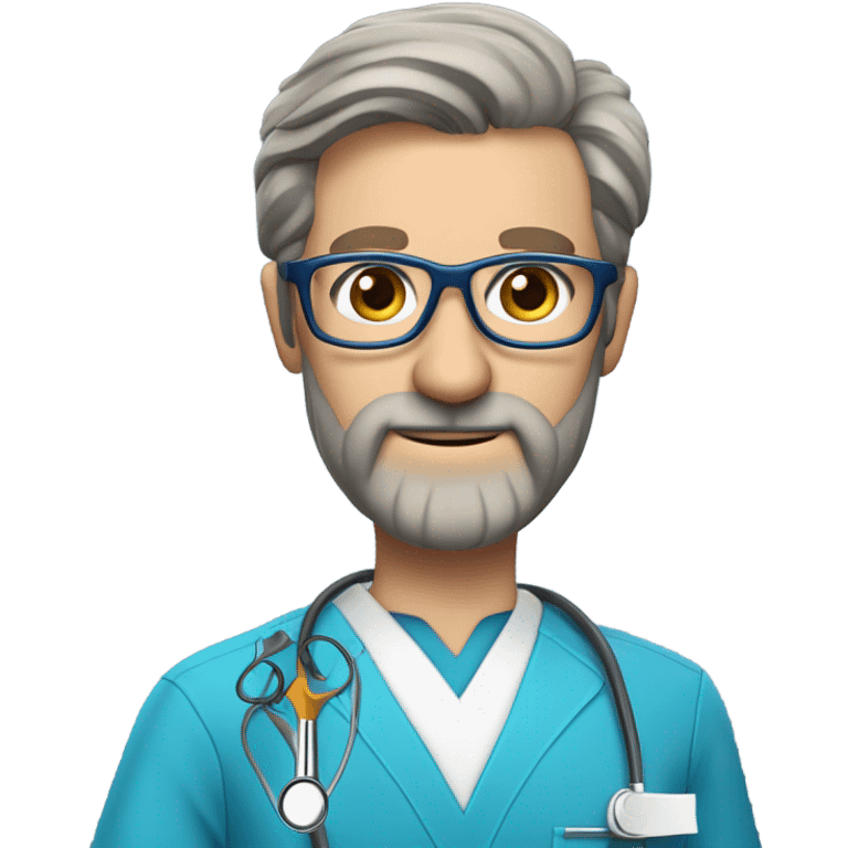 male dark blond haired doctor with grey van dyke beard with hazel eyes and small wire-rimmed glasses in blue scrubs holding a large paintbrush and jigsaw emoji