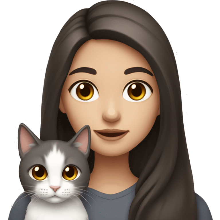 A girl with brown eyes and long dark brown hair holding a white and dark grey cat  emoji