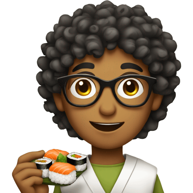 curly short haired indian boy with glasses eating sushi emoji