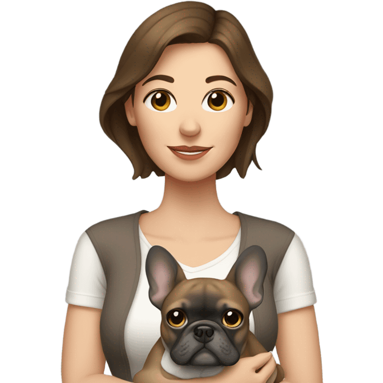 Woman with brown hair holding a gray French bulldog emoji