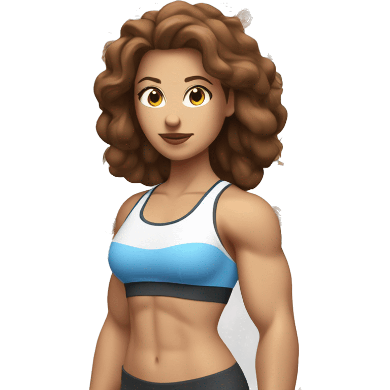 White Beautiful women with blue eyes and brown hair wearing sports bra showing her muscles emoji