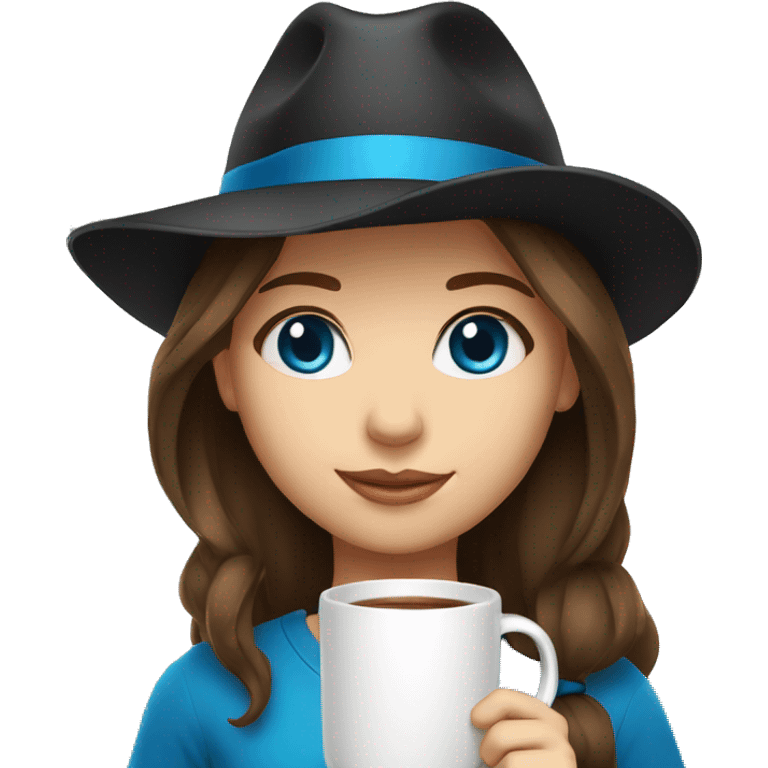 A girl with brown hair with blue eyes in a black panama hat holds a mug emoji