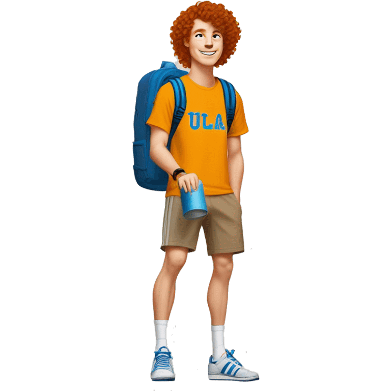 redhead with curly hair white college student guy wearing a UCLA shirt, brown shorts, and adidas samba shoes. He is holding an orange hydroflask   emoji