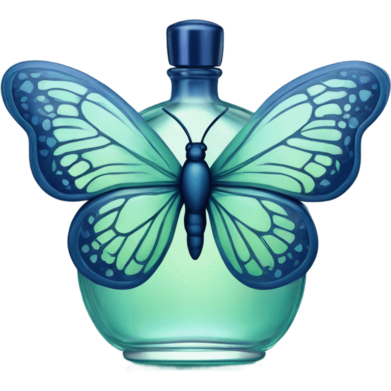  pastel green butterfly resting on an elegant blue perfume bottle with fork dark blue details. emoji