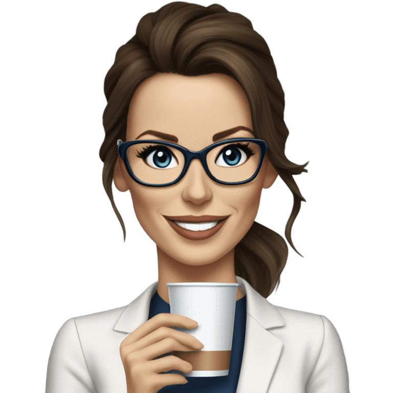 Hyper Realistic Kate Beckinsale dark blue eyes wearing glasses in a business dress drinking coffee happy  emoji