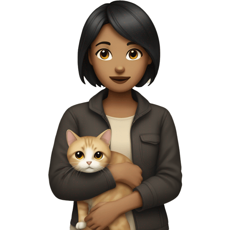 A girl with short black hair holding a beige cat emoji