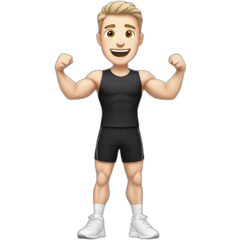 Joyful Celebrating victory Pale skinned Fit Man With the biceps and dark brown hair in black shirt, gray sports shorts and white Sneakers emoji