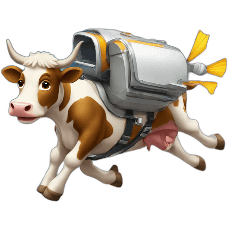 cow flying to space while wearing a jetpack emoji