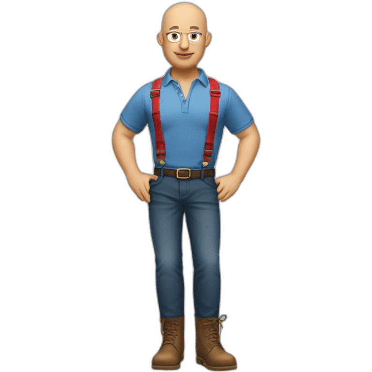 A bald man in dr martense boots, a polo shirt, jeans and red suspenders emoji