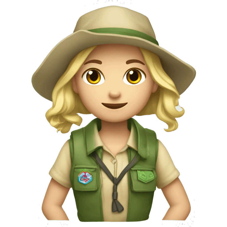 Crea una niña scout con un pañuelo verde agua que sea rubia emoji