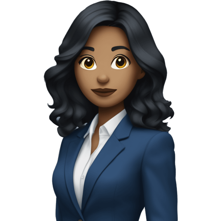 beautiful female, black hair, wearing dark blue suits, Background with buildings, white skin, pampadour cut with fade, Blue color background emoji