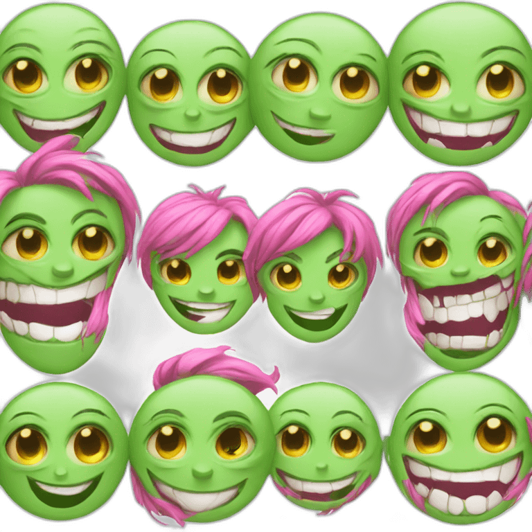 face big eyes with wicked Cheshire smile ,one eye green other pink emoji