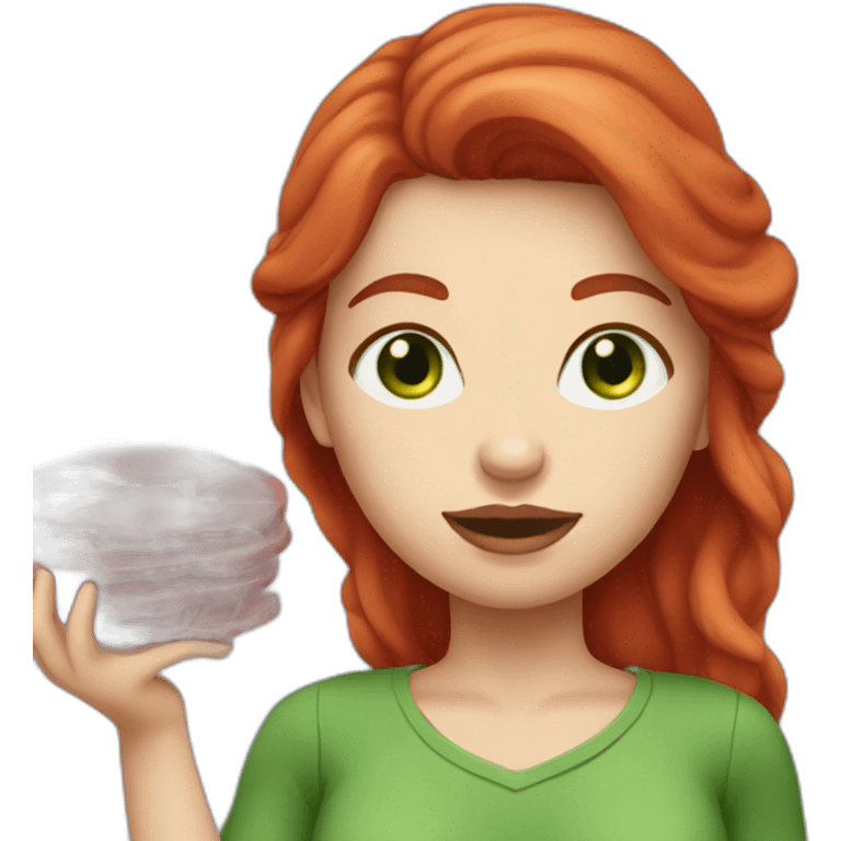 white skin red hair green eyes woman holding meat emoji