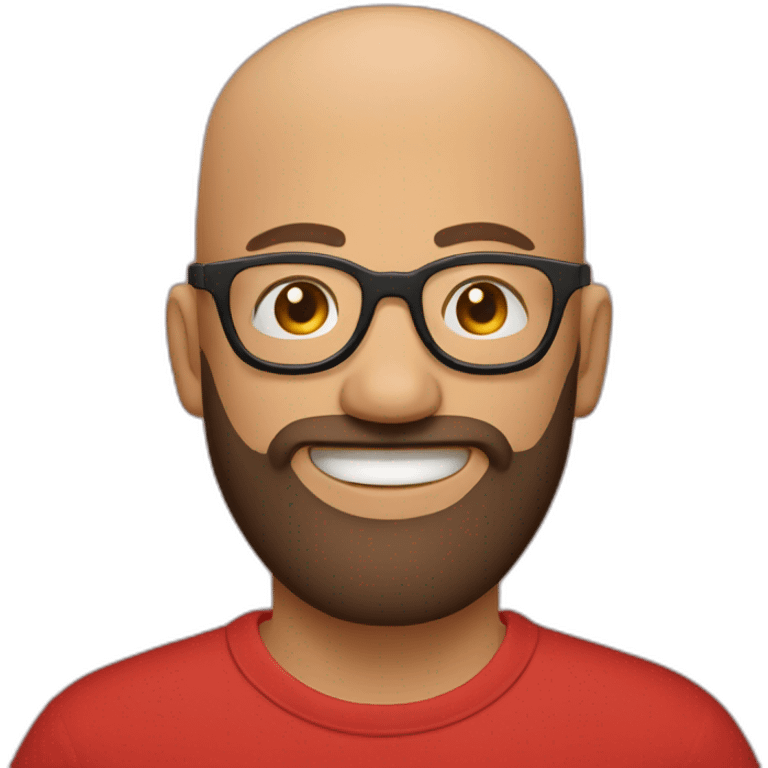 Bald man smiling with glasses and big bushy brown beard with. Wearing red t shirt emoji