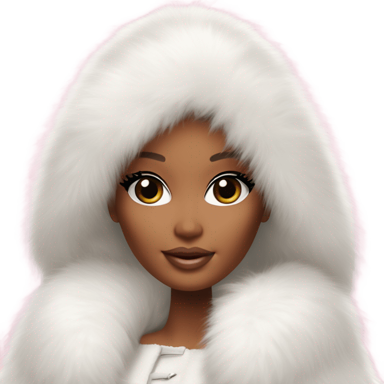 Barbie in an extremely big fluffy oversized white fur coat with hood on. The fur is real and it’s very obvious big and fluffy like in Pinterest  emoji