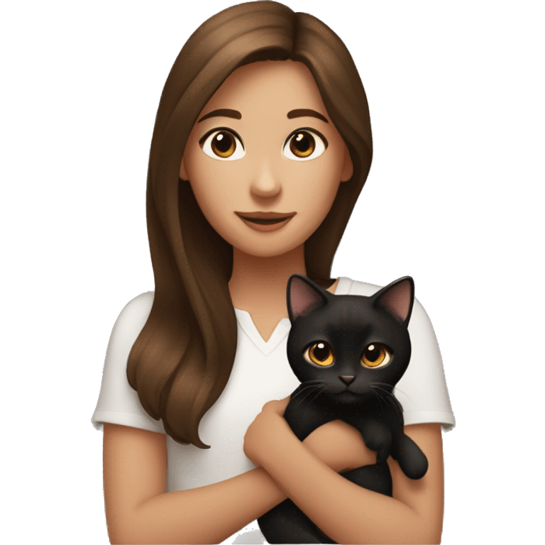 a girl with brown medium length hair holding a black and brown cat emoji