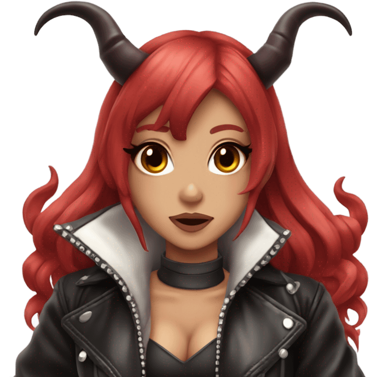 demon hime gyaru girl, red hair, devil horns, leather coat emoji