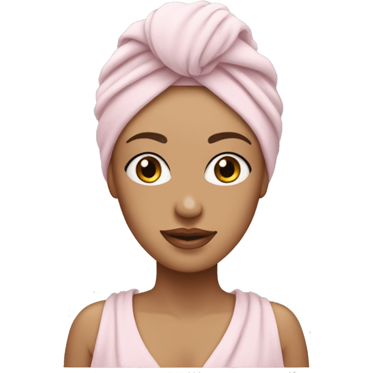 White Woman wearing pale pink towel turban with hazel eyes emoji