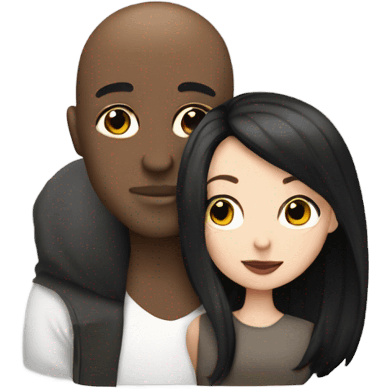 White girl dark hair kissing mixed bald man emoji