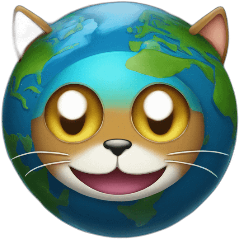 planet Earth with a cartoon grinning cat face with big eyes emoji