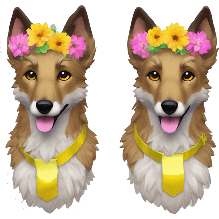  brindle fluffy lurcher Alsatian fox running blue eyes fluffy ears and iridescent holographic oilslick harness wearing paper flower crown yellow caution tape neon sign emoji